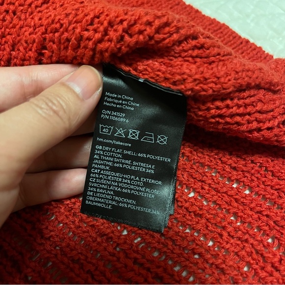 H&M Red Open Knit Cotton Blend Collared Button Down Long Cardigan size XS - Picture 12 of 13